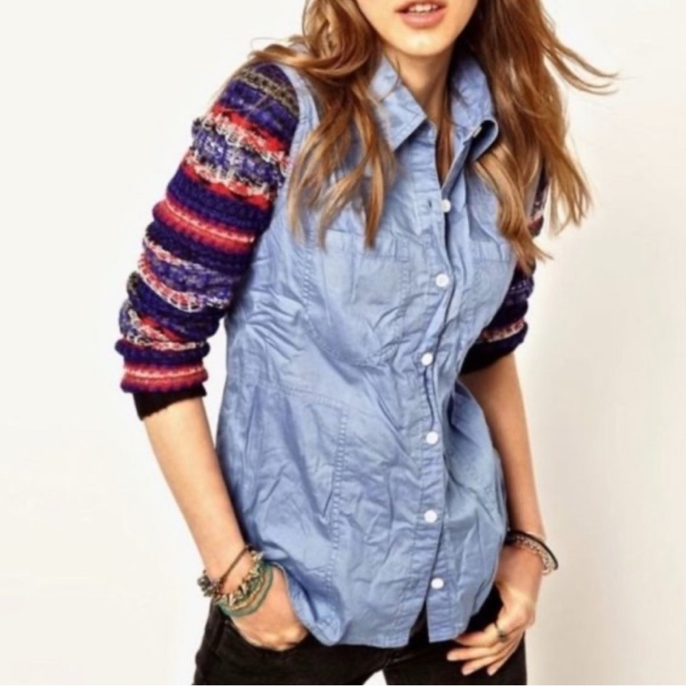We The Free Chambray Fair Isle Long Sleeve Button Down Shirt M